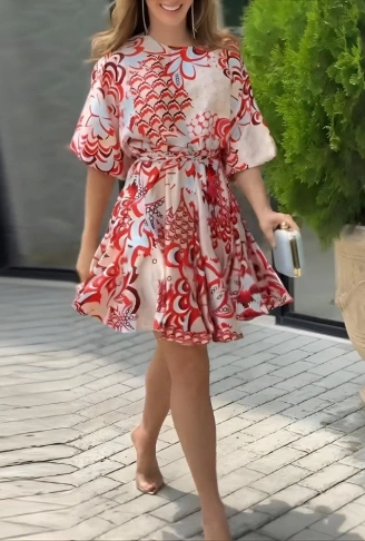 Kadın Kısa Balon Kollu Yuvarlak Yakalı Pileli Desenli Mini Elbise