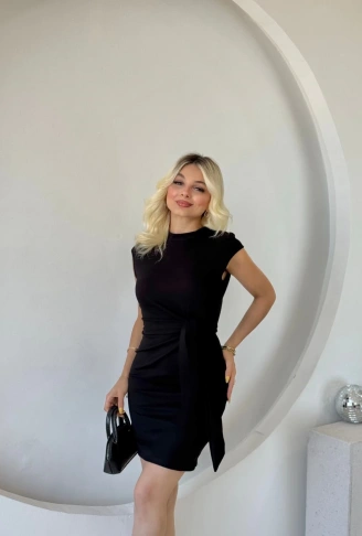 Kadın Kısa Kap Kollu Bisiklet Yaka Belden Bağlamalı Modal Mini Elbise