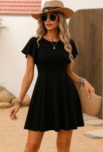 Kadın Kısa Kelebek Kollu Bisiklet Yaka Janjan Krep Elbise