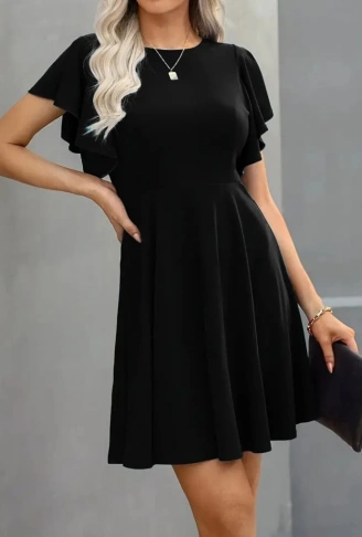 Kadın Kısa Kelebek Kollu Bisiklet Yaka Janjan Krep Elbise