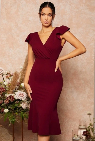 Kadın Kısa Kelebek Kollu Kruvaze Yaka Ithal Krep Midi Elbise