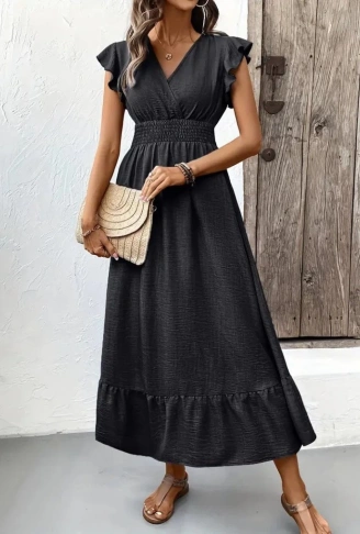 Kadın Kısa Kelebek Kollu Kruvaze Yakalı Beli Lastikli Aerobin Elbise