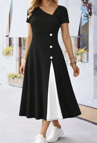 Kadın Kısa Kollu Asimetrik Yakalı Düğme Detaylı Midi Viskon Elbise