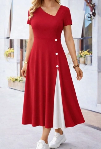Kadın Kısa Kollu Asimetrik Yakalı Düğme Detaylı Midi Viskon Elbise