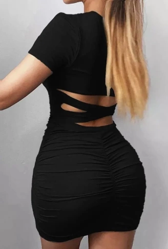 Kadın Kısa Kollu Bel çapraz Detay Dekolteli Eteği Büzgülü Sandy Mini Elbise