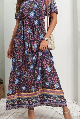 Kadın Kısa Kollu Beli Lastikli çiçek Desen Tam Boy Elbise