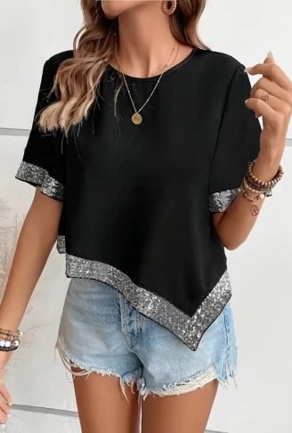 Kadın Kısa Kollu Bisiklet Yaka Asimetrik Kesim Detaylı Pul Payetli Krep Bluz
