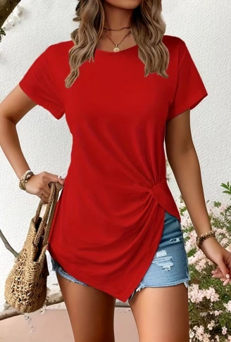 Kadın Kısa Kollu Bisiklet Yaka Asimetrik Kesim Detaylı Viskon Bluz