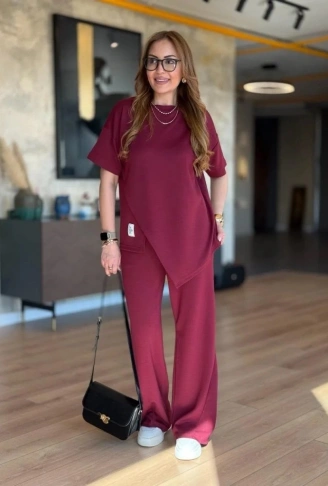 Kadın Kısa Kollu Bisiklet Yaka Asimetrik Viskon Iki Iplik Bluz Ve Pantolon Ikili Takım