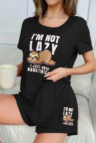 Kadın Kısa Kollu Bisiklet Yaka Baskılı Viskon Bluz Ve şort Ikili Takım