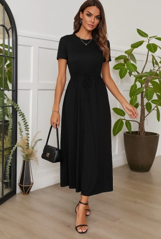 Kadın Kısa Kollu Bisiklet Yaka Belden Bağlamalı önü Bağcık Detaylı Maksi Boy Viskon Elbise