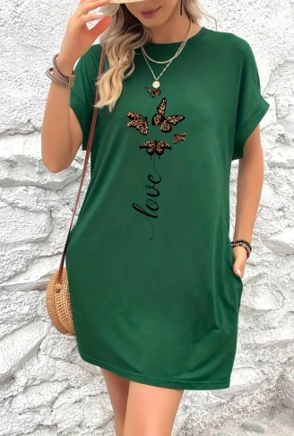 Kadın Kısa Kollu Bisiklet Yaka Cepli Kelebek Baskılı Viskon Elbise