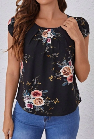 Kadın Kısa Kollu Bisiklet Yaka çiçek Baskılı Süprem Bluz