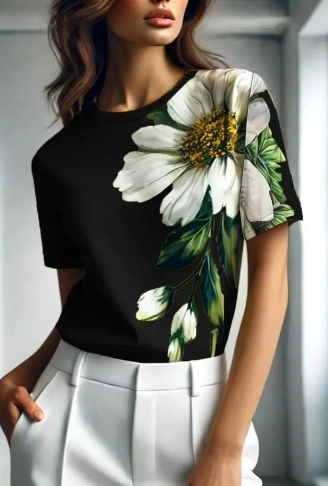 Kadın Kısa Kollu Bisiklet Yaka çiçek Baskılı Süprem Bluz