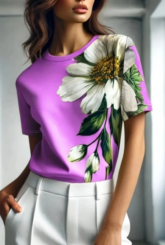 Kadın Kısa Kollu Bisiklet Yaka çiçek Baskılı Süprem Bluz