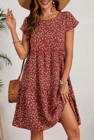 Kadın Kısa Kollu Bisiklet Yaka çiçek Desenli Süprem Elbise