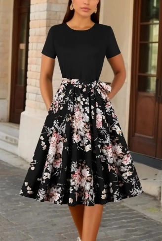 Kadın Kısa Kollu Bisiklet Yaka çiçek Desenli üst Viskon Alt Süprem Kısa Elbise