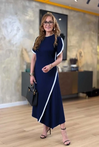 Kadın Kısa Kollu Bisiklet Yaka çift şerit Renk Detaylı Asimetrik Kesim Viskon Iki Iplik Elbise