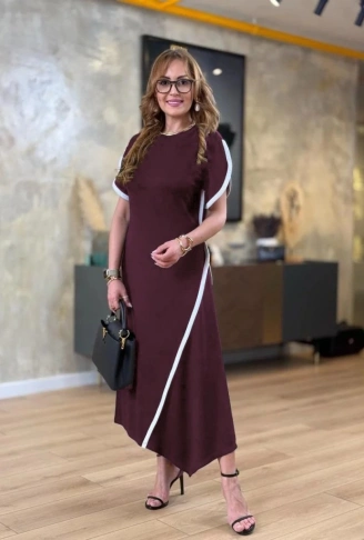 Kadın Kısa Kollu Bisiklet Yaka çift şerit Renk Detaylı Asimetrik Kesim Viskon Iki Iplik Elbise