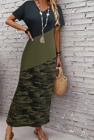 Kadın Kısa Kollu Bisiklet Yaka çok Renkli Maksi Viskon Elbise