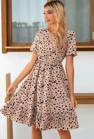 Kadın Kısa Kollu Bisiklet Yaka Desenli Süprem Elbise