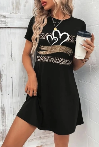 Kadın Kısa Kollu Bisiklet Yaka Desenli Viskon Elbise