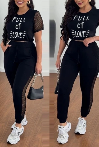 Kadın Kısa Kollu Bisiklet Yaka File Detaylı Viskon Iki Iplik Krop Ve Eşofman Altı Ikili Takım