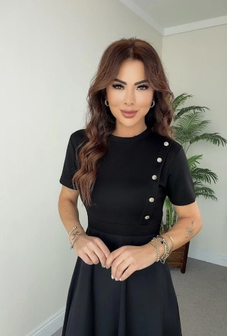 Kadın Kısa Kollu Bisiklet Yaka Gold Düğme Detay Midi Boy Elbise