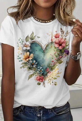 Kadın Kısa Kollu Bisiklet Yaka Kalp Desenli Süprem Bluz