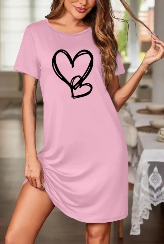 Kadın Kısa Kollu Bisiklet Yaka Kalp Desenli Viskon Elbise