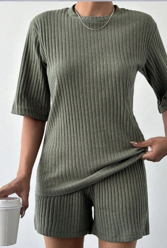 Kadın Kısa Kollu Bisiklet Yaka Kaşkorse Bluz şort Ikili Takım