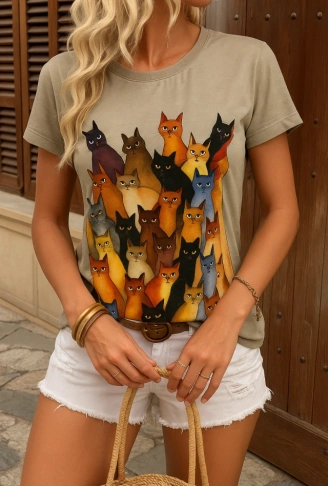 Kadın Kısa Kollu Bisiklet Yaka Kedi Desenli Süprem Bluz