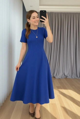 Kadın Kısa Kollu Bisiklet Yaka Maksi Boy Ithal Krep Elbise