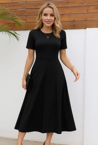 Kadın Kısa Kollu Bisiklet Yaka Maksi Boy Ithal Krep Elbise