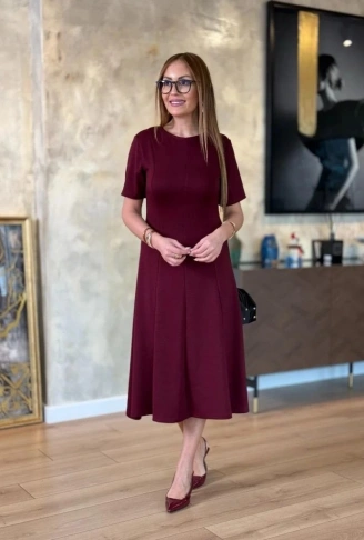 Kadın Kısa Kollu Bisiklet Yaka Midi Viskon Iki Iplik Elbise