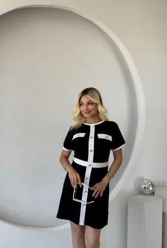 Kadın Kısa Kollu Bisiklet Yaka önden Düğmeli Modal Elbise