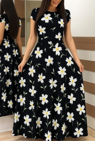 Kadın Kısa Kollu Bisiklet Yaka Puantiyeli Maksi örme Krep Elbise