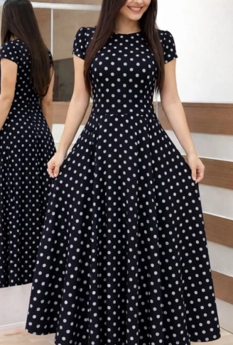 Kadın Kısa Kollu Bisiklet Yaka Puantiyeli Maksi örme Krep Elbise