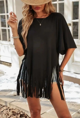 Kadın Kısa Kollu Bisiklet Yaka Püsküllü Viskon Bluz