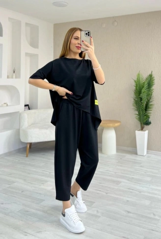 Kadın Kısa Kollu Bisiklet Yaka Viskon Iki Iplik Bluz Ve Pantolon Ikili Takım