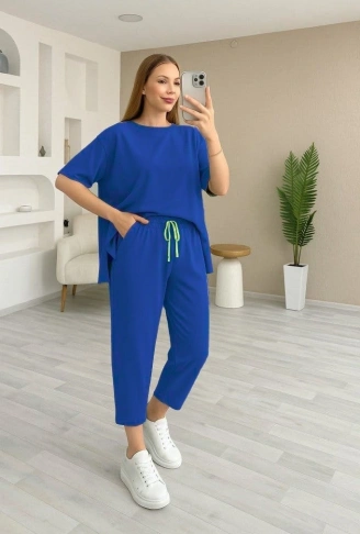 Kadın Kısa Kollu Bisiklet Yaka Viskon Iki Iplik Bluz Ve Pantolon Ikili Takım