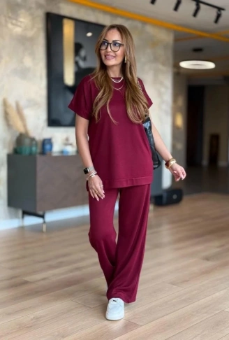 Kadın Kısa Kollu Bisiklet Yaka Viskon Iki Iplik Bluz Ve Pantolon Ikili Takım