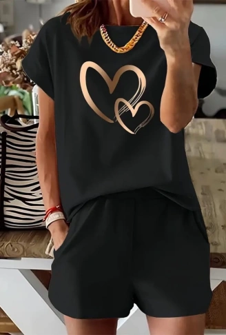 Kadın Kısa Kollu Bisiklet Yaka Viskon Iki Iplik Bluz Ve Short Ikili Takım