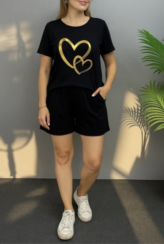 Kadın Kısa Kollu Bisiklet Yaka Viskon Iki Iplik Bluz Ve Short Ikili Takım