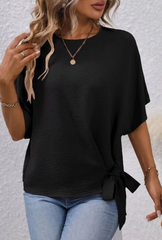 Kadın Kısa Kollu Bisiklet Yaka Yandan Bağcıklı Aerobin Bluz