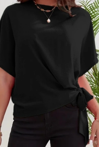Kadın Kısa Kollu Bisiklet Yaka Yandan Bağlamalı Aerobin Bluz