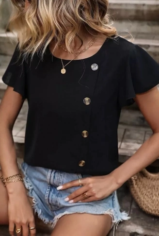 Kadın Kısa Kollu Bisiklet Yaka Yandan Düğmeli Viskon Bluz