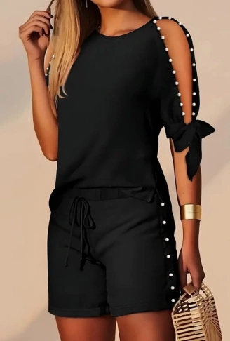 Kadın Kısa Kollu Bisiklet Yaka Yarı Açık Omuz Inci Detaylı Short T-shirt Viskon Ikili Takım