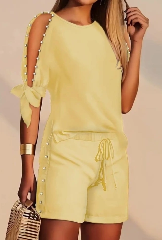 Kadın Kısa Kollu Bisiklet Yaka Yarı Açık Omuz Inci Detaylı Short T-shirt Viskon Ikili Takım