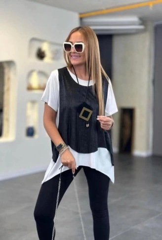 Kadın Kısa Kollu Bisiklet Yaka Yelek Bluz Asimetrik Kesim İkili Takım